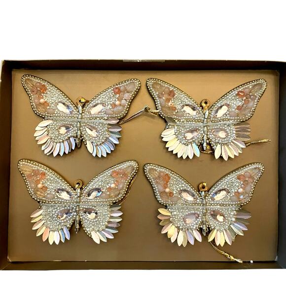 34th & Pine Beaded Butterfly Ornaments Set of 4 Iridescent Pink Holiday Glam NEW - Picture 1 of 13